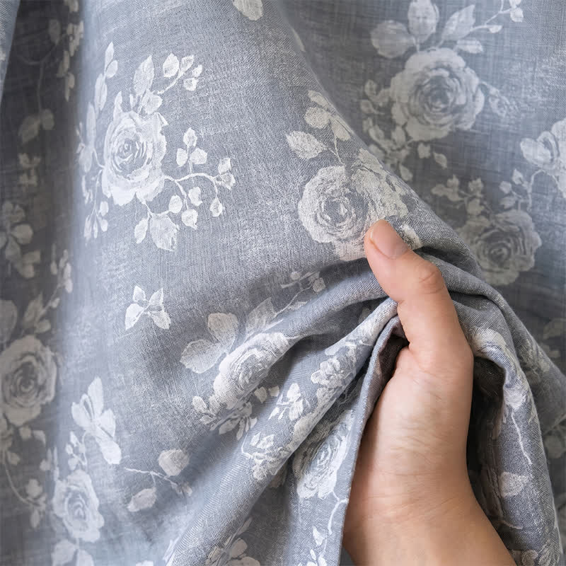 Cotton Dusty Blue Rose Print Kimono Robe