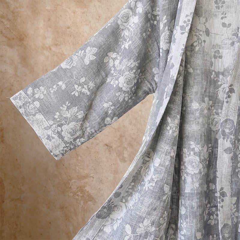 Cotton Dusty Blue Rose Print Kimono Robe