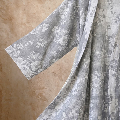 Cotton Dusty Blue Rose Print Kimono Robe