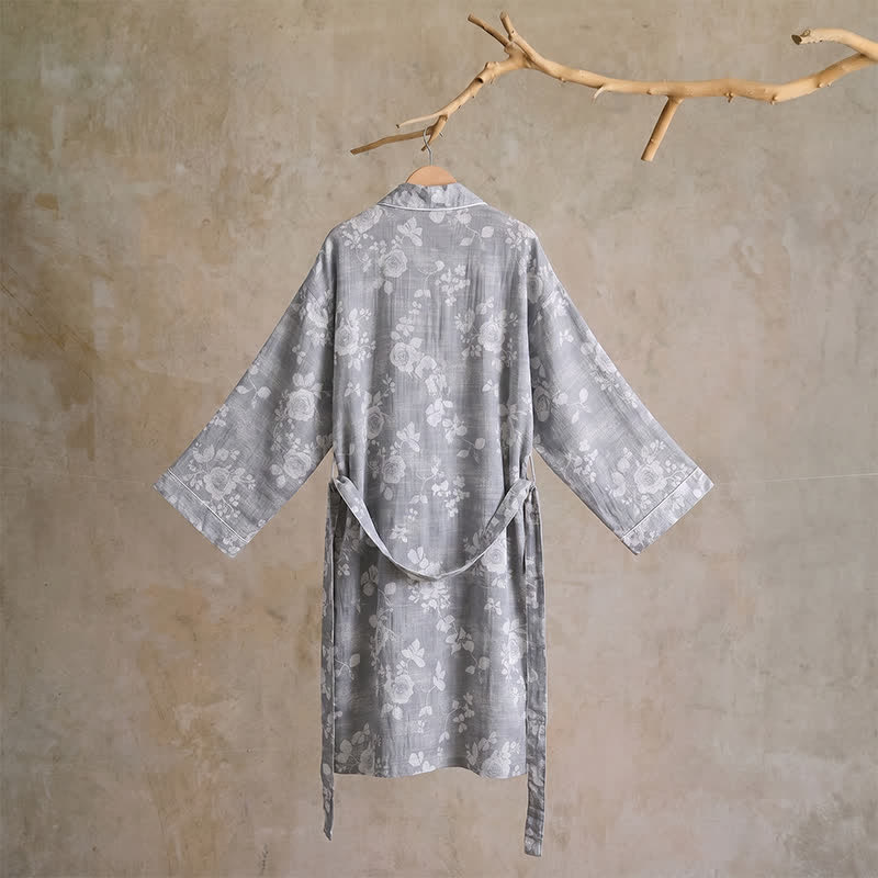 Cotton Dusty Blue Rose Print Kimono Robe