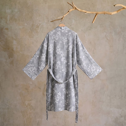Cotton Dusty Blue Rose Print Kimono Robe