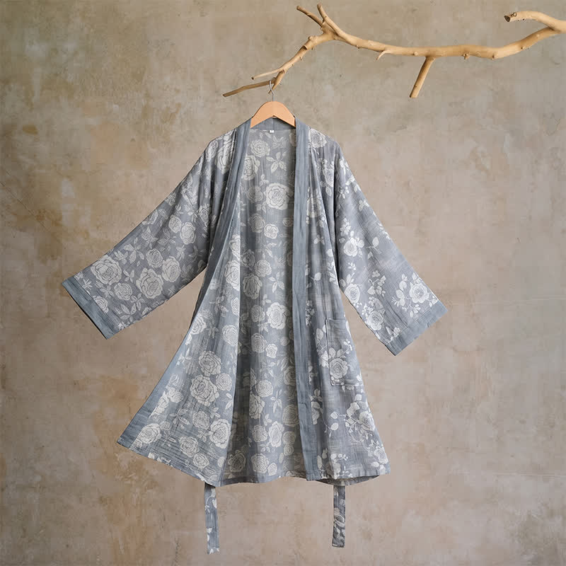 Cotton Dusty Blue Rose Print Kimono Robe