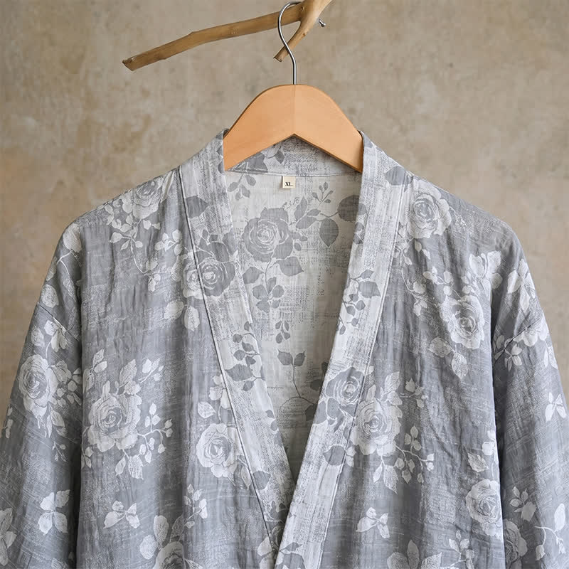 Cotton Dusty Blue Rose Print Kimono Robe