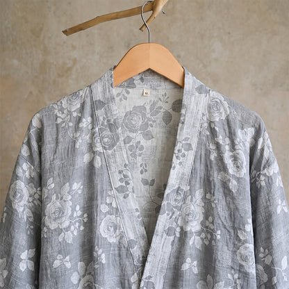 Cotton Dusty Blue Rose Print Kimono Robe