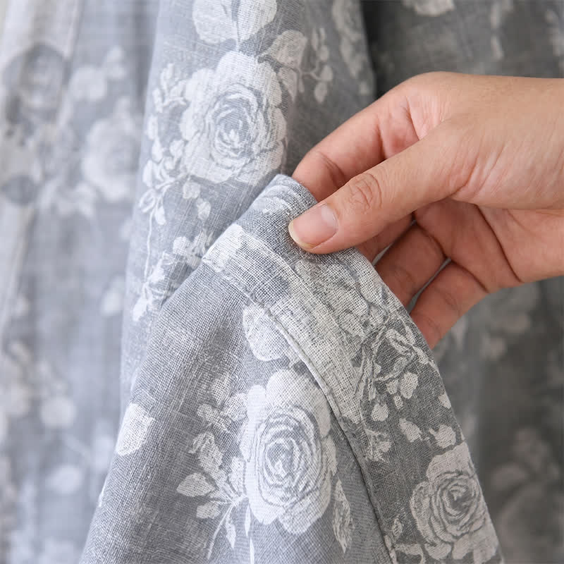 Cotton Dusty Blue Rose Print Kimono Robe