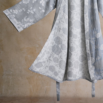 Cotton Dusty Blue Rose Print Kimono Robe