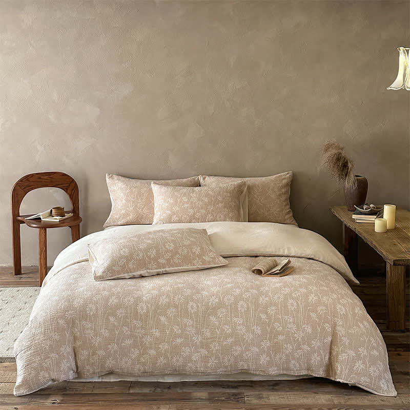 Camel Floral Sprig Jacquard Cotton Bedding Set