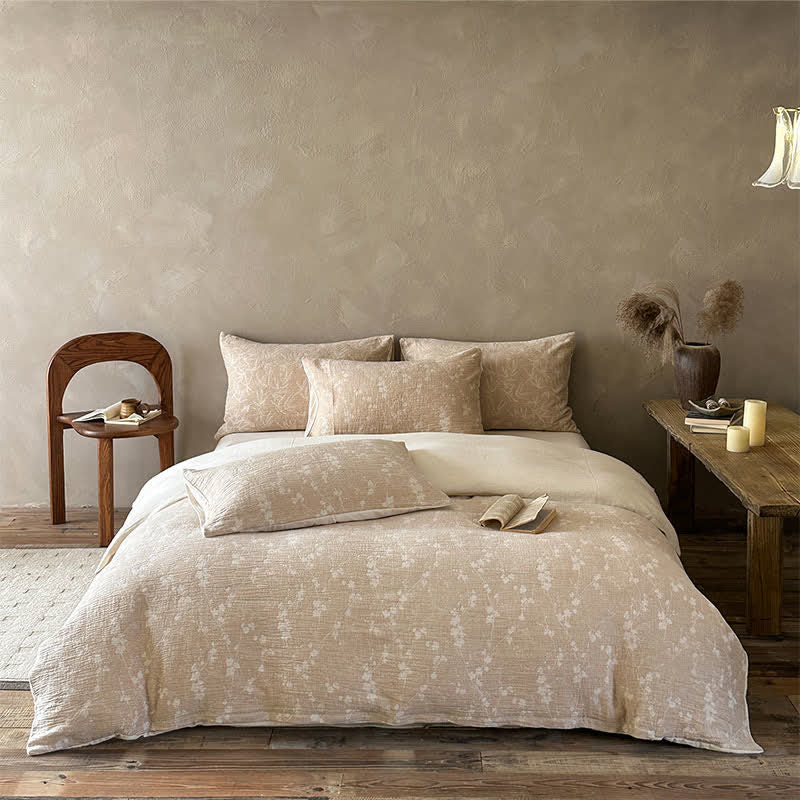 Camel Delicate Floral Sprig Jacquard Cotton Bedding Set
