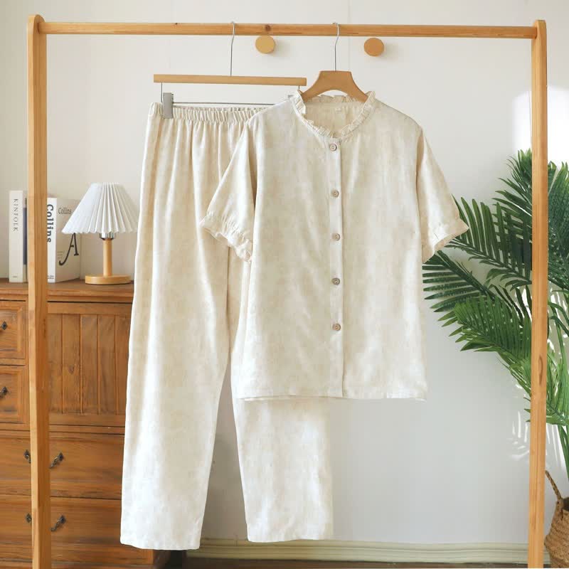 Ruffle Trim Cotton Linen Women's Pajamas