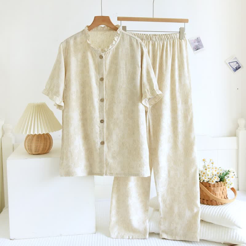Ruffle Trim Cotton Linen Women's Pajamas