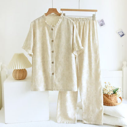 Ruffle Trim Cotton Linen Women's Pajamas