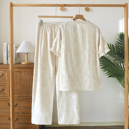 Ruffle Trim Cotton Linen Women's Pajamas