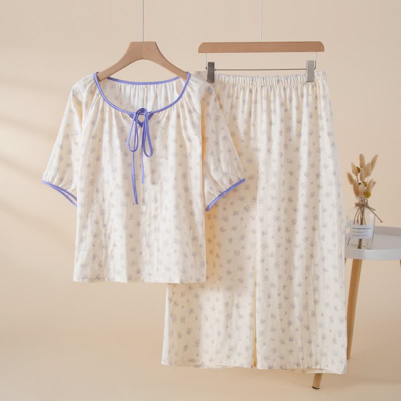 Floral Cotton Tie Neck Women's Pajamas