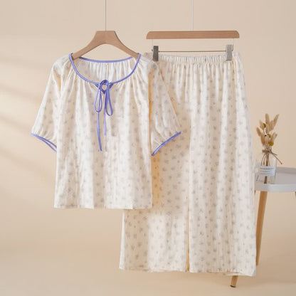 Floral Cotton Tie Neck Women's Pajamas