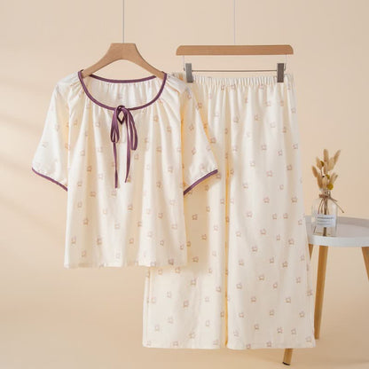 Floral Cotton Tie Neck Women's Pajamas