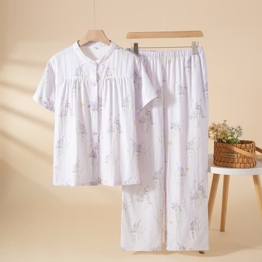Elegant Purple Floral Cotton Gauze Pajamas
