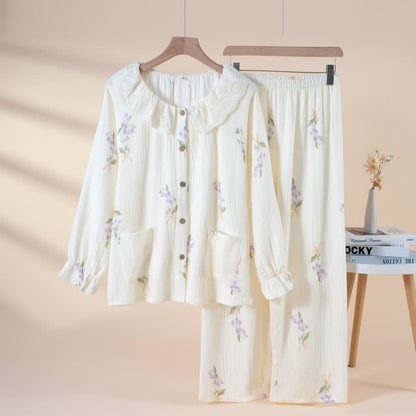 Purple Floral Cotton Gauze Ruffle Pajamas