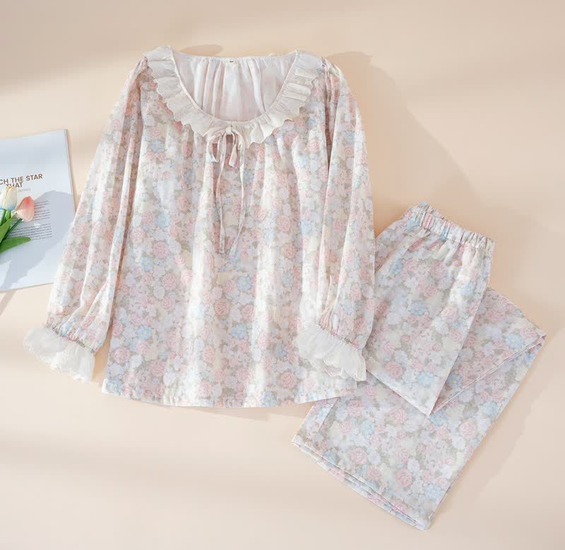 Rustic Floral Cotton Gauze Ruffle Pajamas