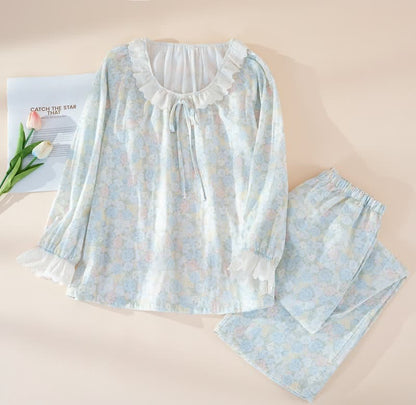 Rustic Floral Cotton Gauze Ruffle Pajamas