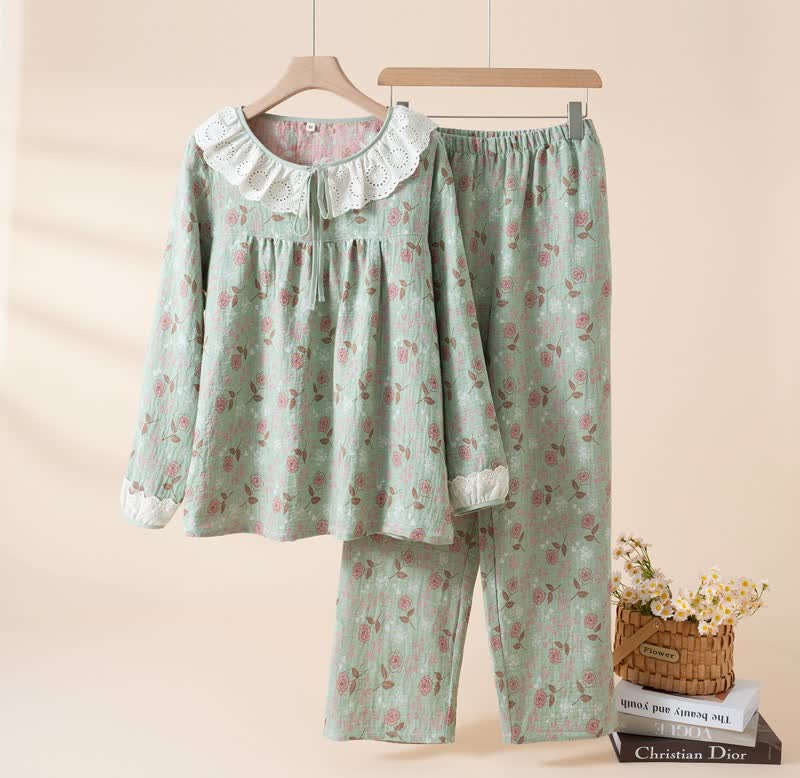 Rose Cotton Gauze Lace Loungewear Set
