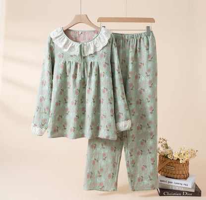 Rose Cotton Gauze Lace Loungewear Set