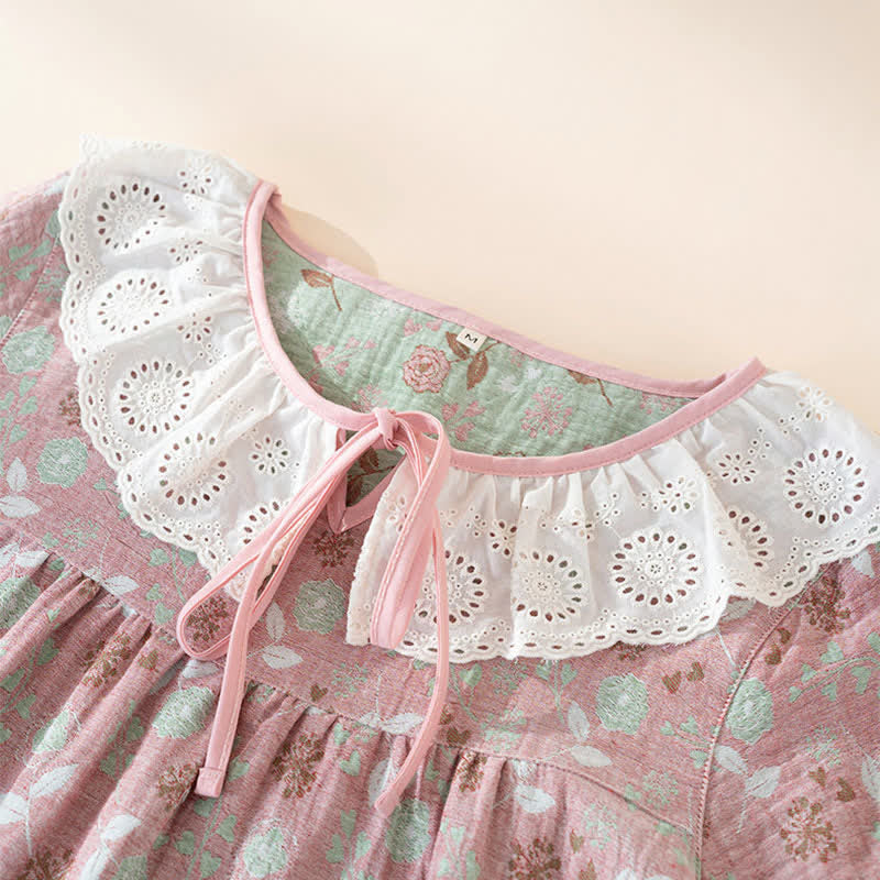 Rose Cotton Gauze Lace Loungewear Set