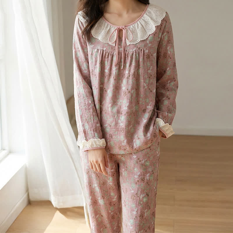 Rose Cotton Gauze Lace Loungewear Set