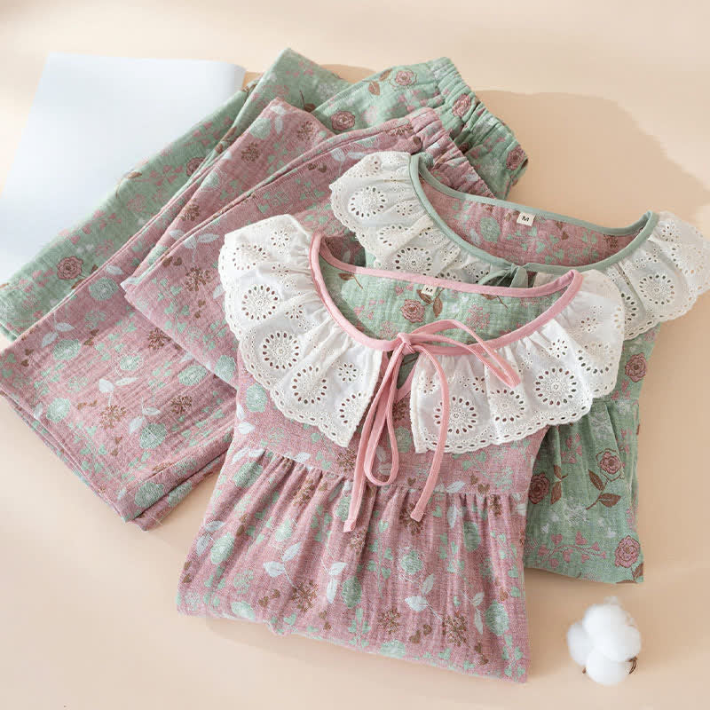 Rose Cotton Gauze Lace Loungewear Set