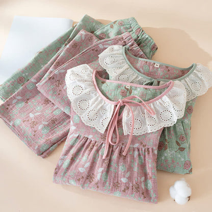 Rose Cotton Gauze Lace Loungewear Set
