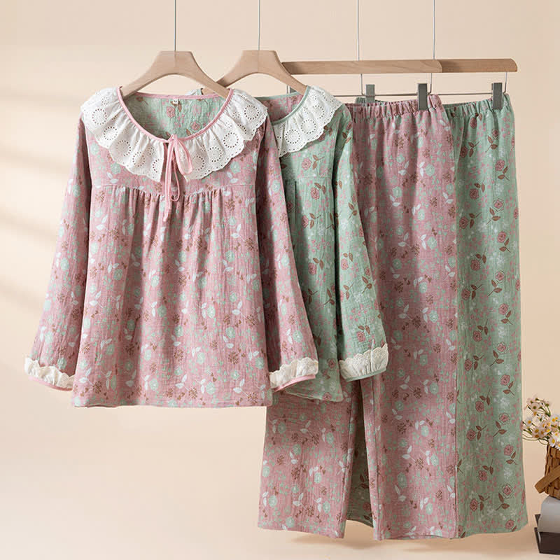 Rose Cotton Gauze Lace Loungewear Set