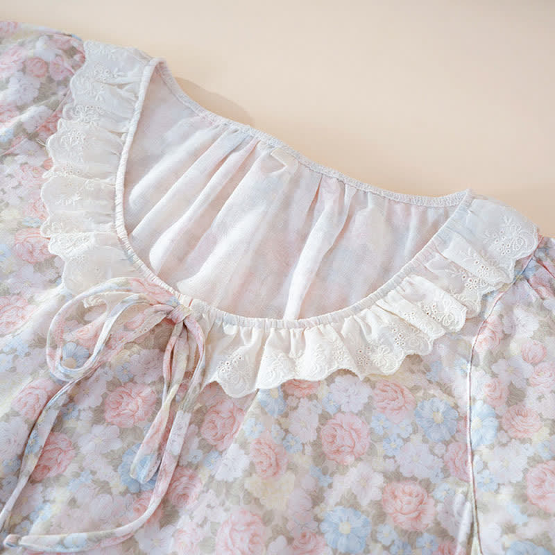 Rustic Floral Cotton Gauze Ruffle Pajamas