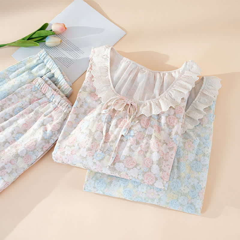 Rustic Floral Cotton Gauze Ruffle Pajamas