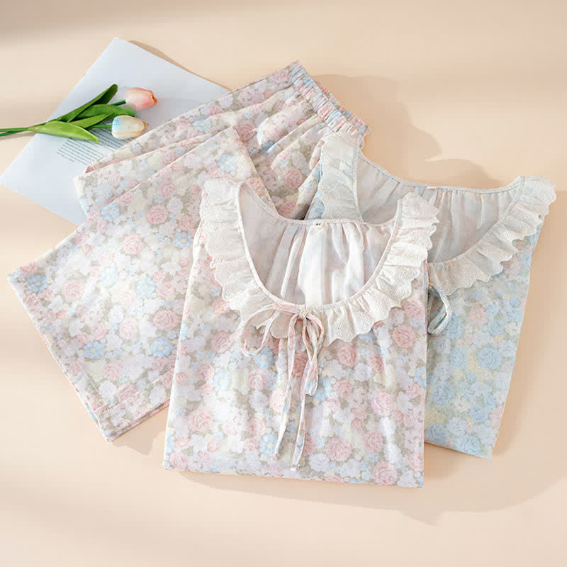 Rustic Floral Cotton Gauze Ruffle Pajamas