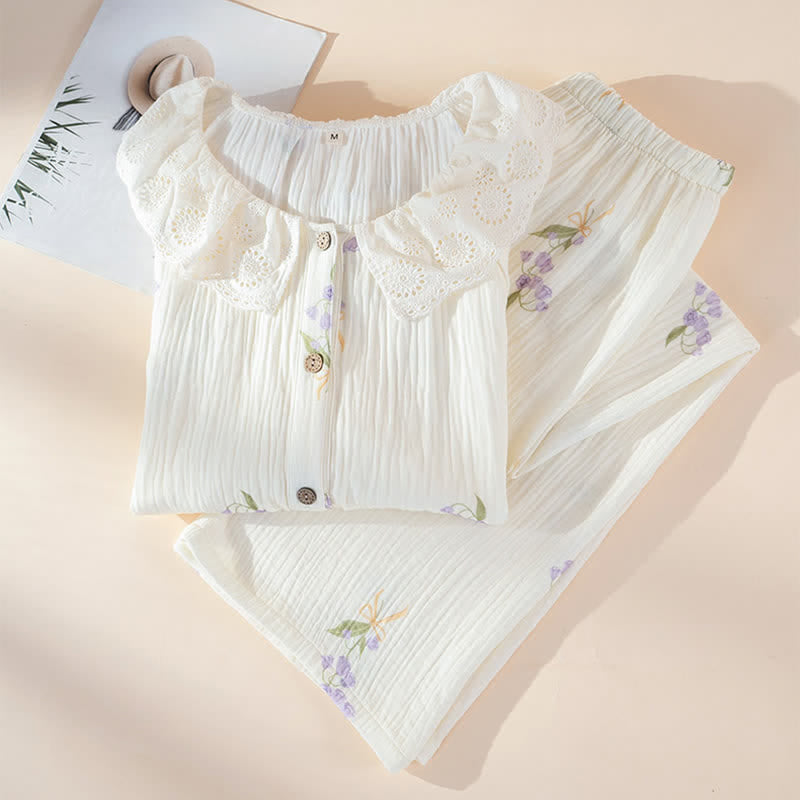 Purple Floral Cotton Gauze Ruffle Pajamas