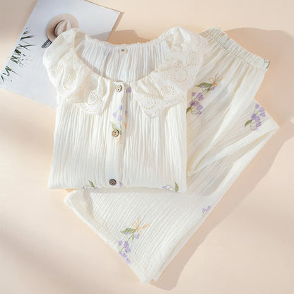 Purple Floral Cotton Gauze Ruffle Pajamas