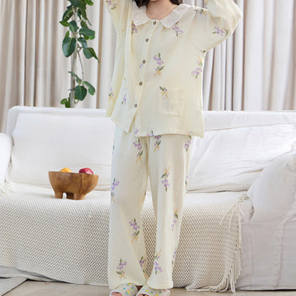 Purple Floral Cotton Gauze Ruffle Pajamas