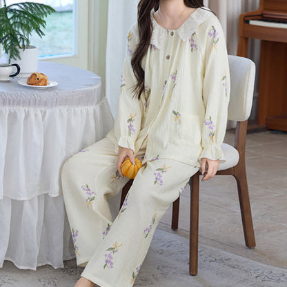 Purple Floral Cotton Gauze Ruffle Pajamas