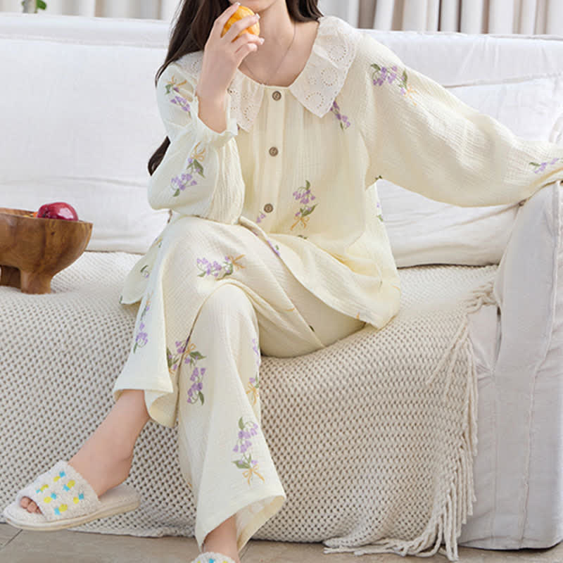 Purple Floral Cotton Gauze Ruffle Pajamas