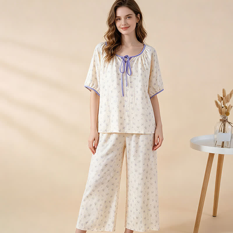 Floral Cotton Tie Neck Women's Pajamas