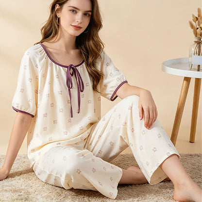 Floral Cotton Tie Neck Women's Pajamas