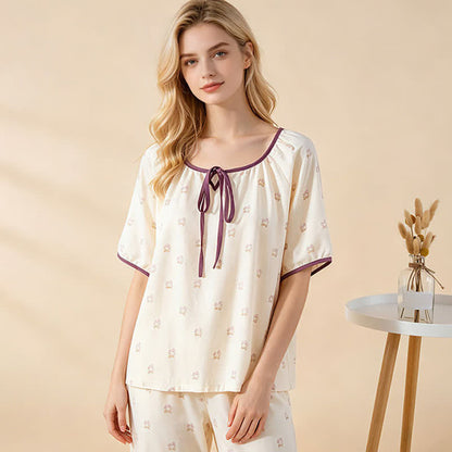 Floral Cotton Tie Neck Women's Pajamas