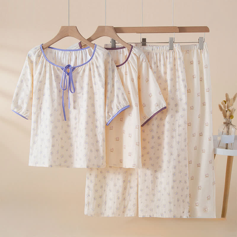 Floral Cotton Tie Neck Women's Pajamas