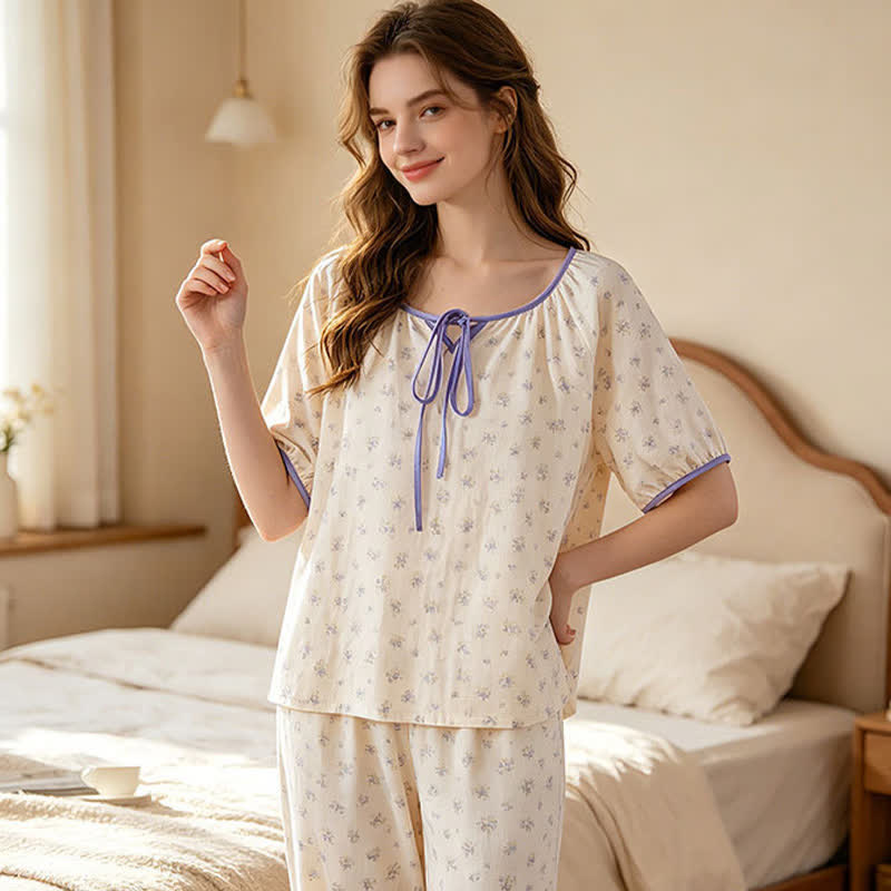Floral Cotton Tie Neck Women's Pajamas