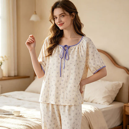 Floral Cotton Tie Neck Women's Pajamas