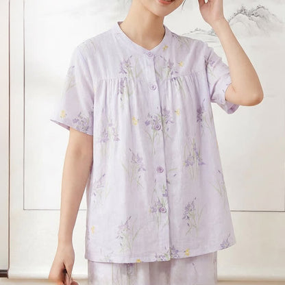 Elegant Purple Floral Cotton Gauze Pajamas