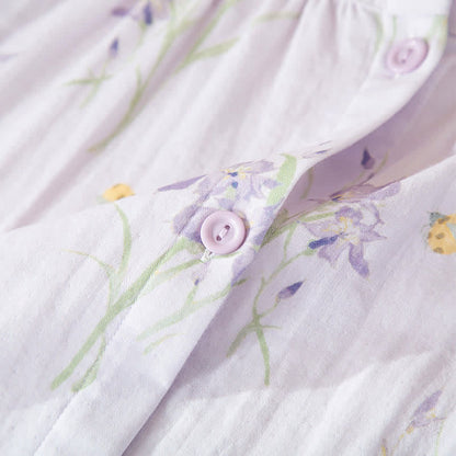 Elegant Purple Floral Cotton Gauze Pajamas