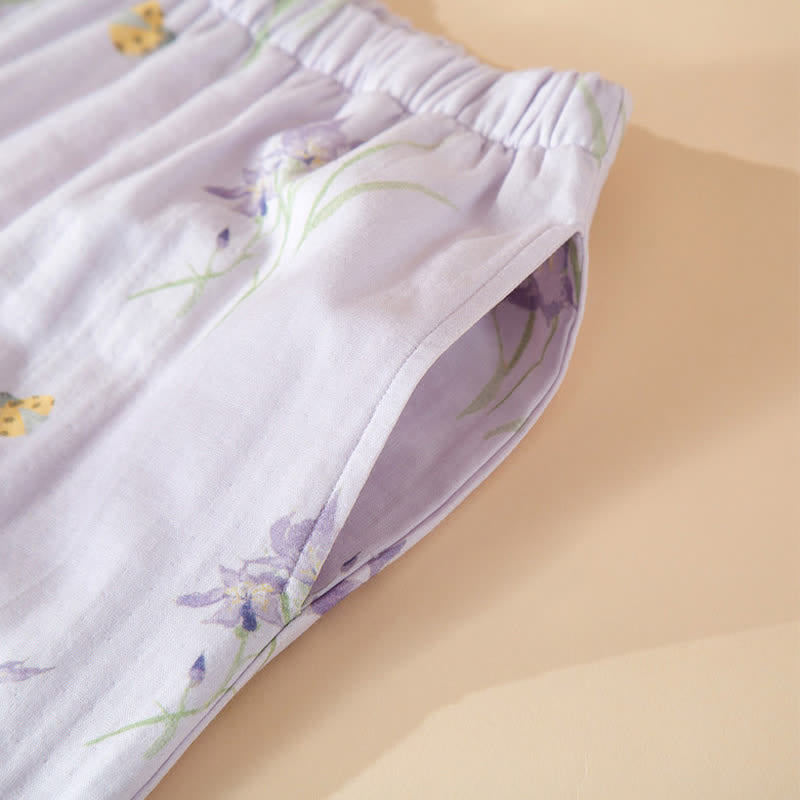 Elegant Purple Floral Cotton Gauze Pajamas