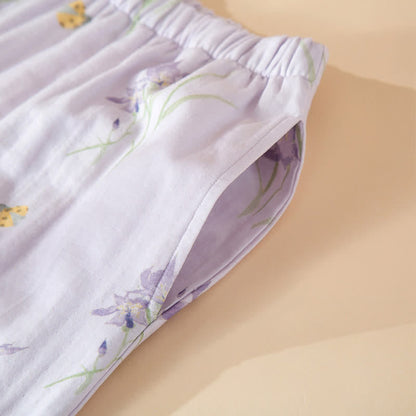 Elegant Purple Floral Cotton Gauze Pajamas
