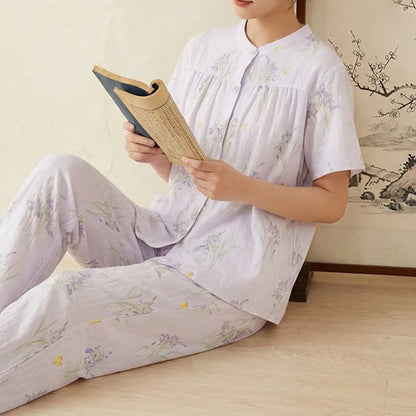 Elegant Purple Floral Cotton Gauze Pajamas