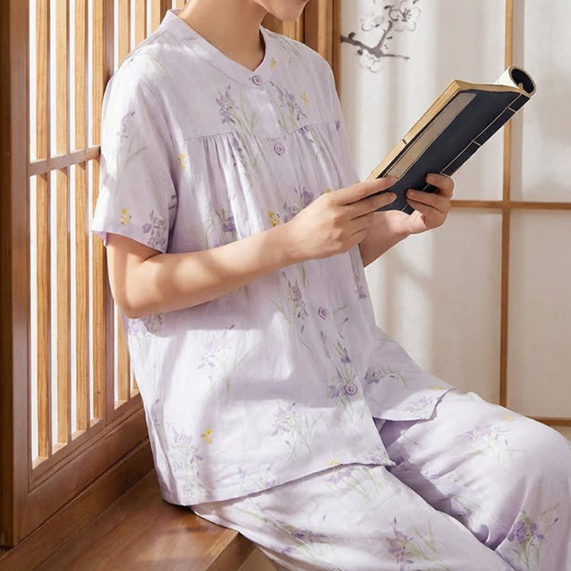 Elegant Purple Floral Cotton Gauze Pajamas